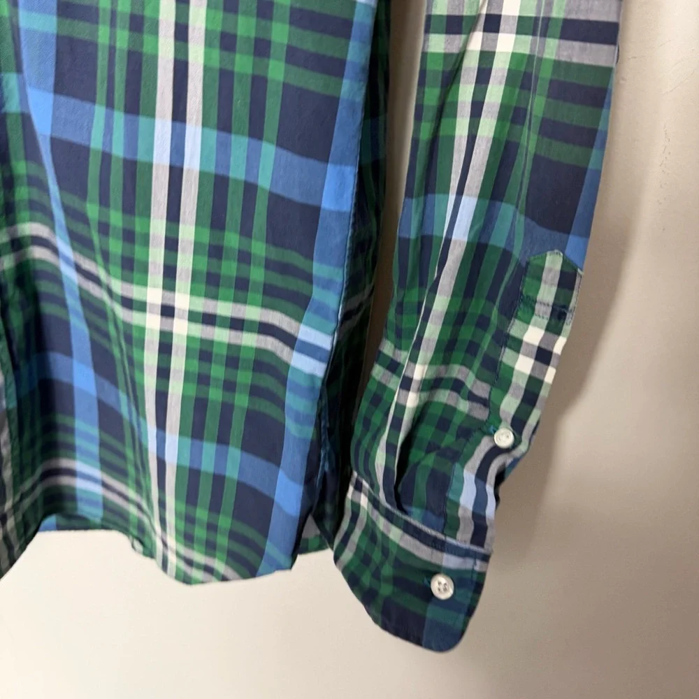 J. Crew Plaid Button Up Long Sleeve Slim Cotton Blue Green Size Medium *12